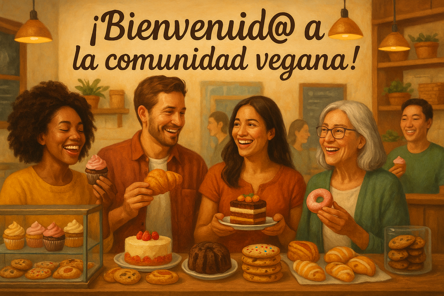 imagen de pasteleria vegana con gente sonriendo y un texto que diga: bienvenid@ a la comunidad vegana! 